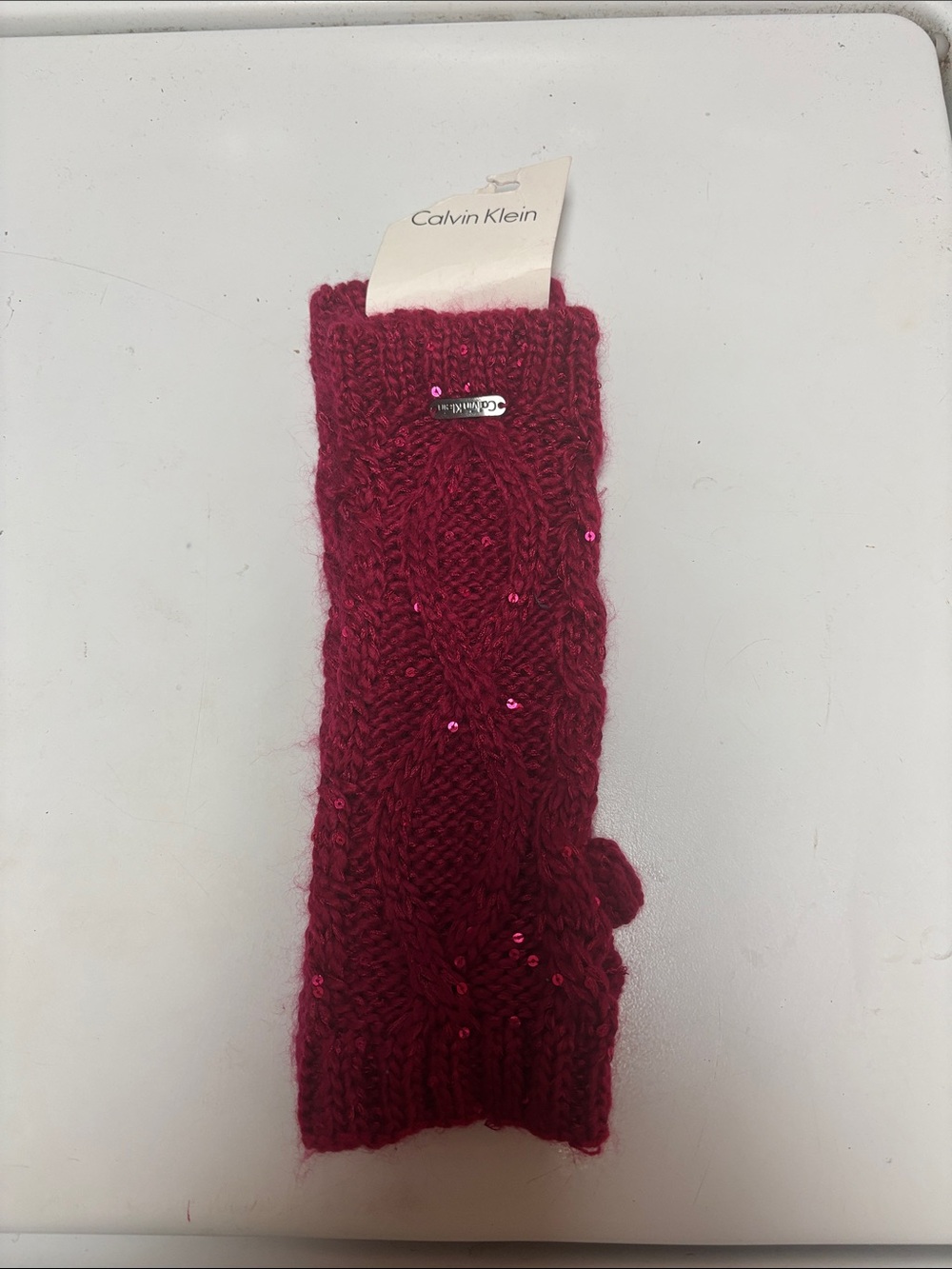 Calvin Klein Burgundy Knit Sequin Fingerless Gloves